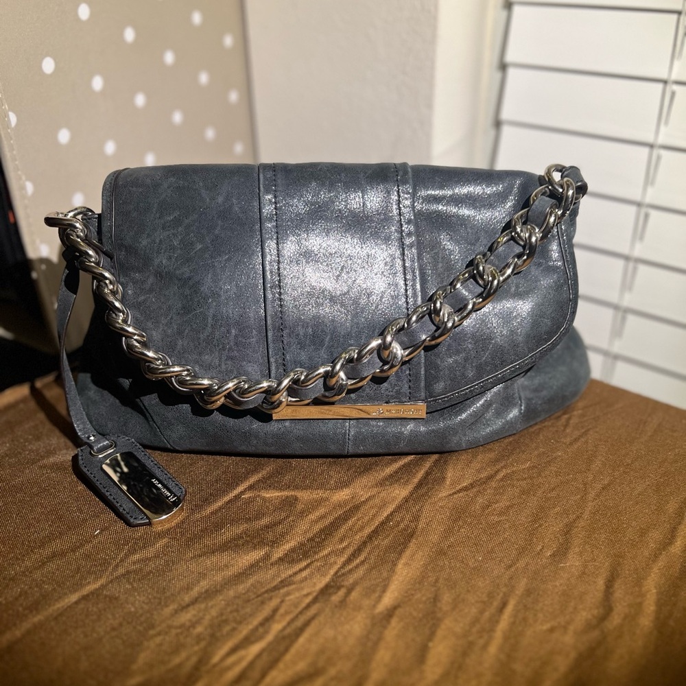 B Makowsky dark blackish grey leather handbag with silver accents